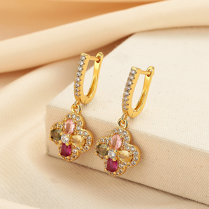 Σκουλαρίκια με σχήμα λουλουδιού από χαλκό με ζιρκόνια, Carolgo, στυλ ελαφριάς πολυτέλειας για γυναίκες