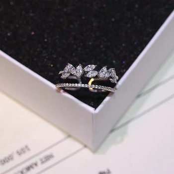 Ανοικτό δαχτυλίδι με μοτίβο φύλλου για γυναίκες, χαλκός, ζιρκόν, διπλή σειρά μοτίβο στάχυων, μόδα κοσμήματα