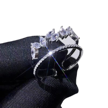 Ανοικτό δαχτυλίδι με μοτίβο φύλλου για γυναίκες, χαλκός, ζιρκόν, διπλή σειρά μοτίβο στάχυων, μόδα κοσμήματα