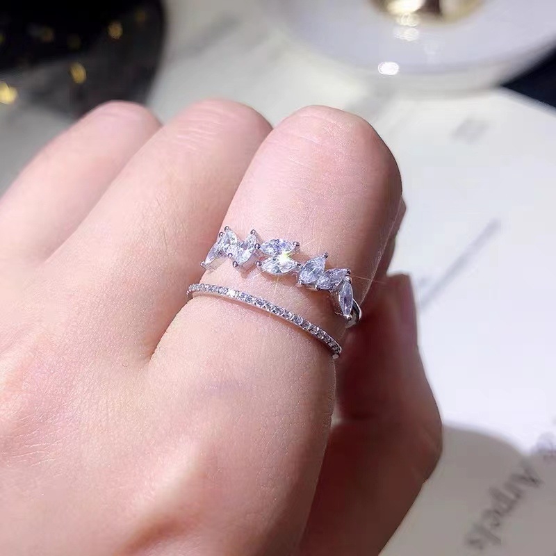 Ανοικτό δαχτυλίδι με μοτίβο φύλλου για γυναίκες, χαλκός, ζιρκόν, διπλή σειρά μοτίβο στάχυων, μόδα κοσμήματα