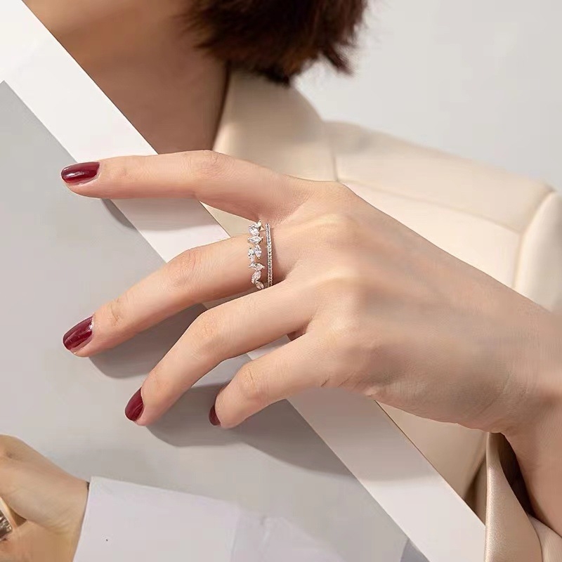 Ανοικτό δαχτυλίδι με μοτίβο φύλλου για γυναίκες, χαλκός, ζιρκόν, διπλή σειρά μοτίβο στάχυων, μόδα κοσμήματα