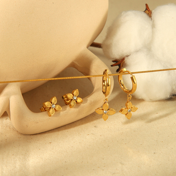 Σκουλαρίκια από τιτάνιο ατσάλι με ζιρκόν σε σχήμα τετράφυλλου, ηλεκτροπλατιωμένα, γεωμετρικός σχεδιασμός, για γυναίκες