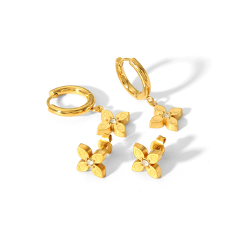 Σκουλαρίκια από τιτάνιο ατσάλι με ζιρκόν σε σχήμα τετράφυλλου, ηλεκτροπλατιωμένα, γεωμετρικός σχεδιασμός, για γυναίκες