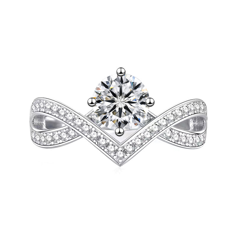 Moissanite gyűrű ezüstös bevonattal, V-alakú vonal, 1 karát, 8 szív 8 nyíl, nőknek