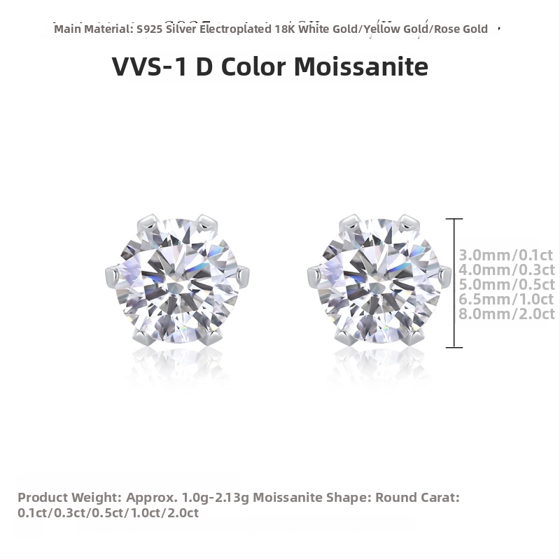 Moissanite auskarai iš Sterlingo sidabro – unisex stilius, Korejos stilius, apvalus/geometrinis kontūras, pjovimas aštuonių širdžių ir aštuonių strėlių