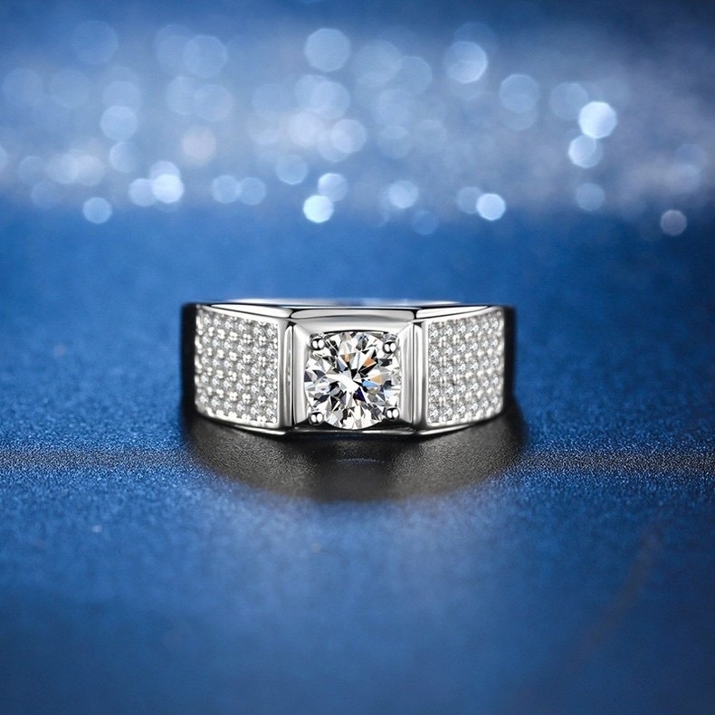 Férfi Moissanite gyűrű, 2 karát, geometrikus design, réz anyag, állítható, teljes köves beállítás