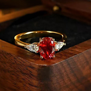 Baojiali háromkő gyűrű, szintetikus rubin, réz bevonattal, geometriai dizájn, gyémántos felület, nőknek szánt kézre való ékszer