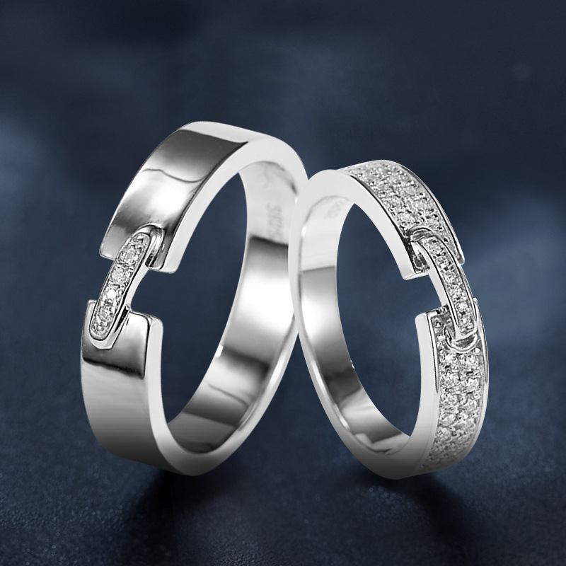 S925 ezüst Moissanit páros gyűrű, geometriai dizájn, rhodium bevonat