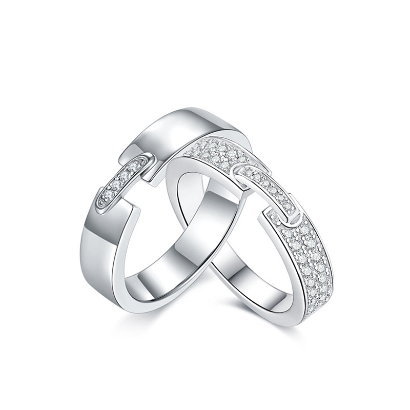 S925 ezüst Moissanit páros gyűrű, geometriai dizájn, rhodium bevonat