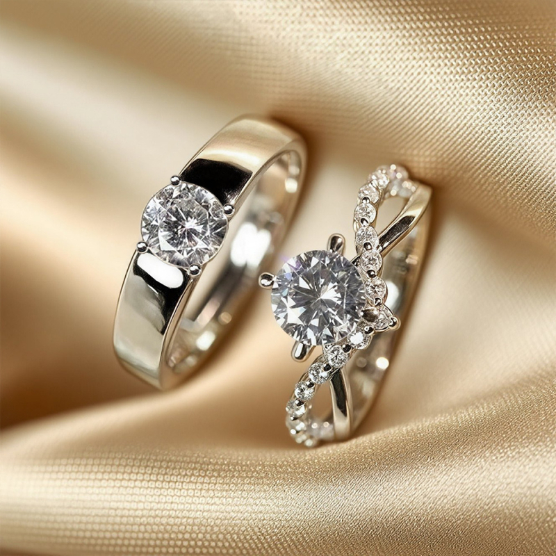 Moissanite prsteni za par od srebra 925 – vjenčani set, minimalistički geometrijski dizajn, suptilan luksuz
