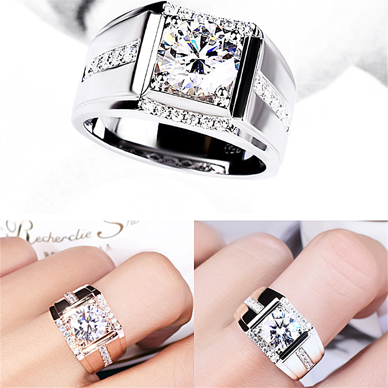 Muški geometrijski prsten s Moissanite imitacijom i dijamantnom obradom, materijal: 30% srebro bijeli bakar