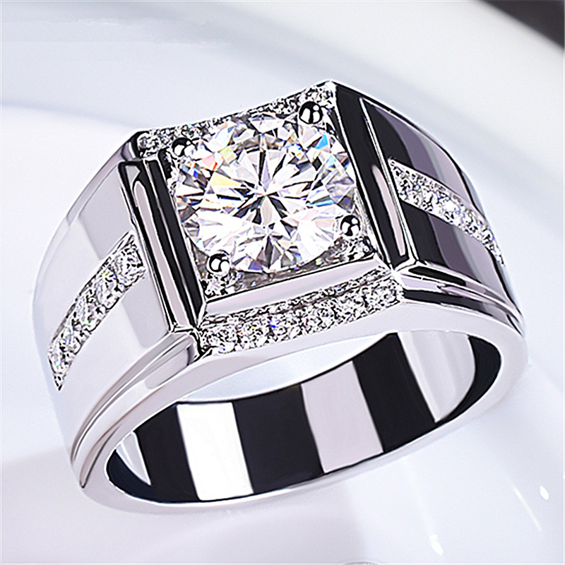Muški geometrijski prsten s Moissanite imitacijom i dijamantnom obradom, materijal: 30% srebro bijeli bakar