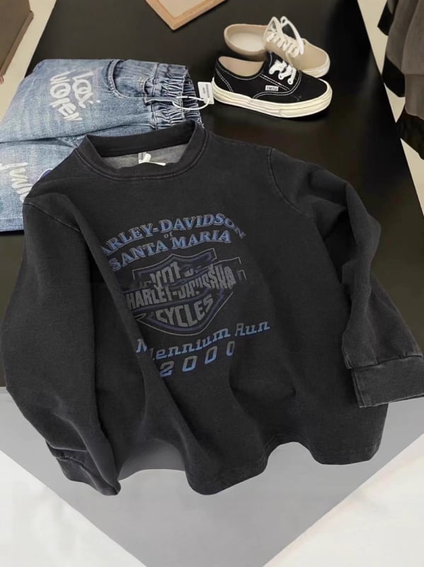 Hosszú ujjú pamut póló, koreai stílus, uniszex, tavasz–ősz szezon, retro betűs nyomtatás