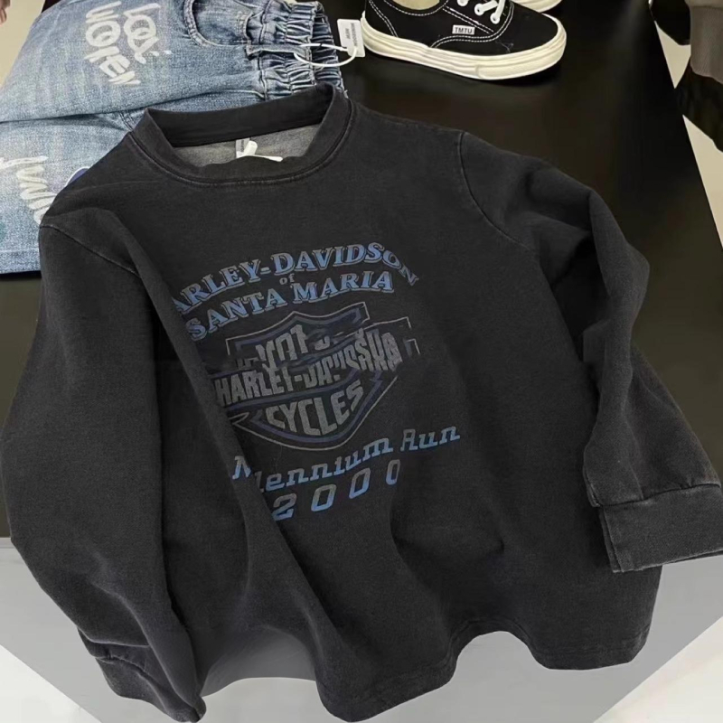 Hosszú ujjú pamut póló, koreai stílus, uniszex, tavasz–ősz szezon, retro betűs nyomtatás