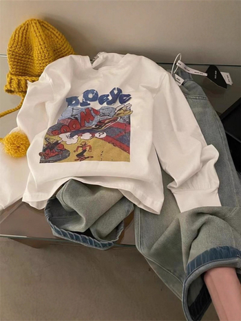 Koreai verzió hosszú ujjú póló, karikatúra és betű mintával, 100% pamut, ősz