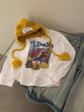 Koreai verzió hosszú ujjú póló, karikatúra és betű mintával, 100% pamut, ősz