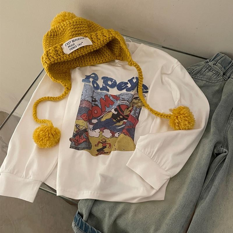 Koreai verzió hosszú ujjú póló, karikatúra és betű mintával, 100% pamut, ősz