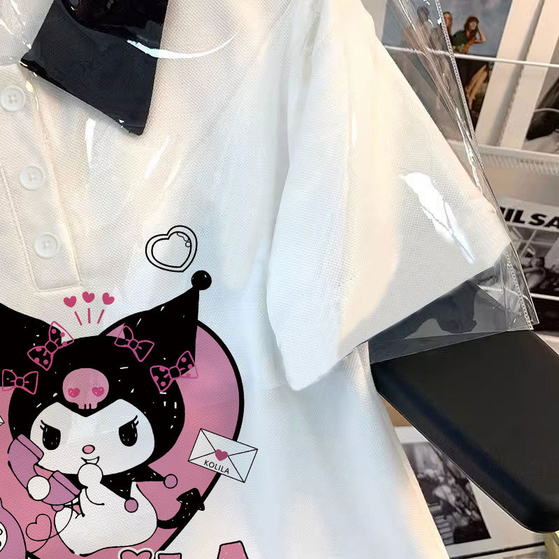 Dječji T-shirt s cartoon motivom i polo ovratnikom – kratki rukavi, korejskog stila, odvlaživanje vlage, poliester 45%