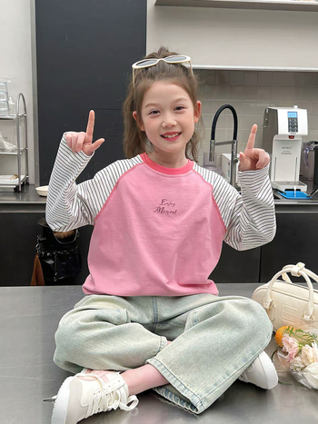 Tricou copii cu mânecă lungă - 95,1% bumbac, guler rotund, absorbție a umezelii, stil coreean