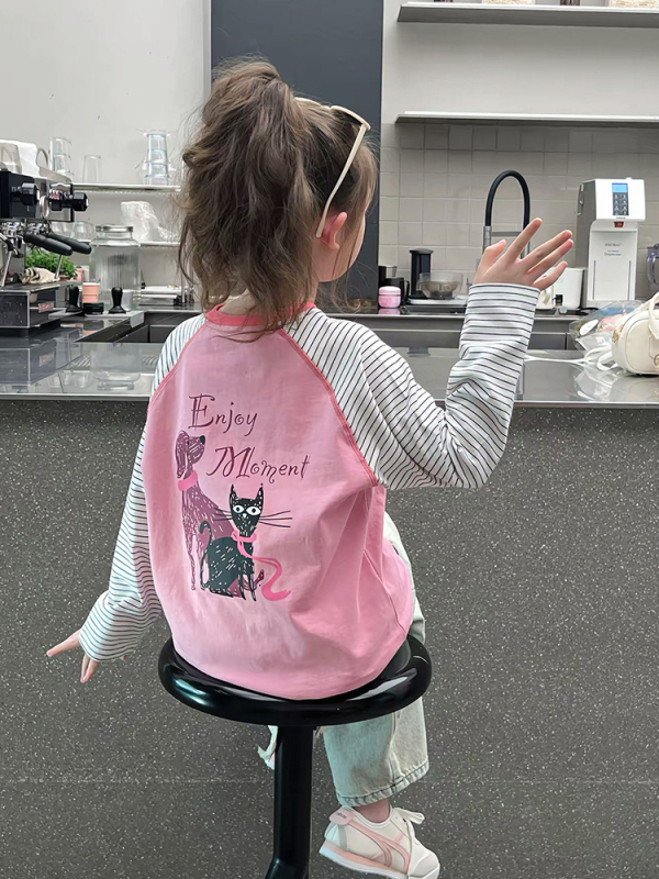 Tricou copii cu mânecă lungă - 95,1% bumbac, guler rotund, absorbție a umezelii, stil coreean