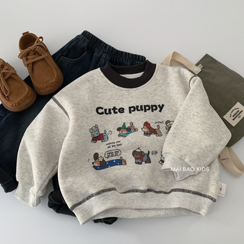 Gyerekeknek fleece-betétes pulóver kapucni nélkül, rajzfilm mintával, pamut anyagból, 3–8 éveseknek, téli darab