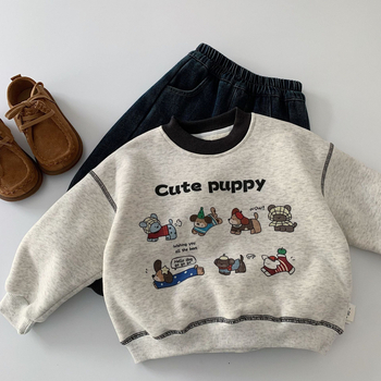 Gyerekeknek fleece-betétes pulóver kapucni nélkül, rajzfilm mintával, pamut anyagból, 3–8 éveseknek, téli darab