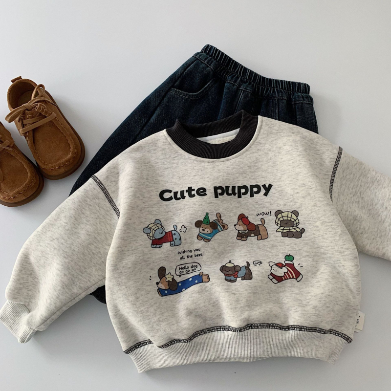 Gyerekeknek fleece-betétes pulóver kapucni nélkül, rajzfilm mintával, pamut anyagból, 3–8 éveseknek, téli darab