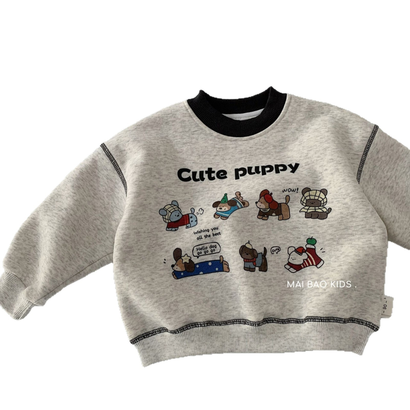 Gyerekeknek fleece-betétes pulóver kapucni nélkül, rajzfilm mintával, pamut anyagból, 3–8 éveseknek, téli darab