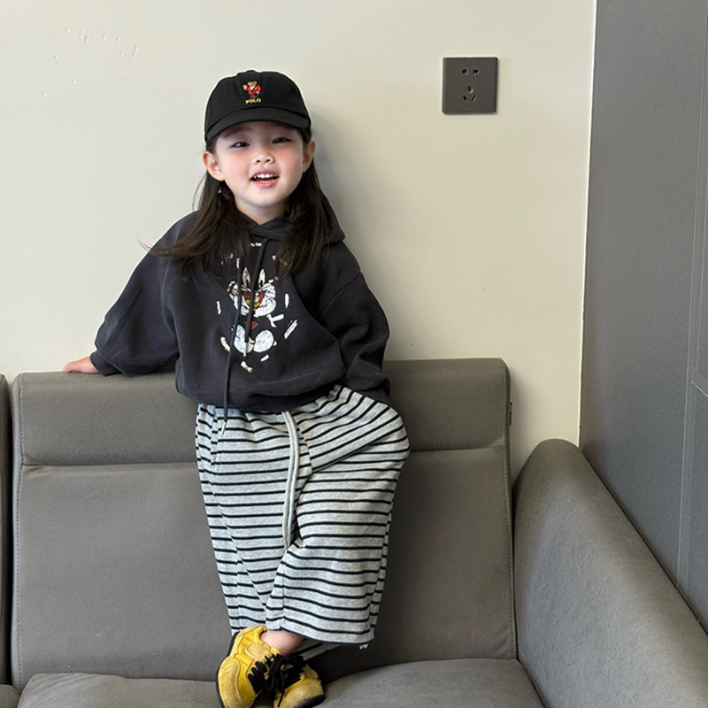 Set din două piese pentru fetițe, toamnă: top cu mâneci lungi și pantaloni lungi, imprimeu cu desene animate, din bumbac amestec, țesătură moale, vârsta 3–8 ani