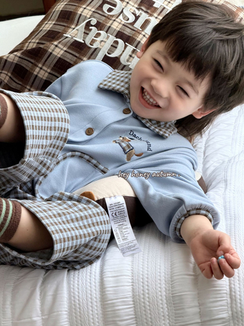 Set pijamale copii, două piese, model cărouri, stil coreean, 92% poliester fleece