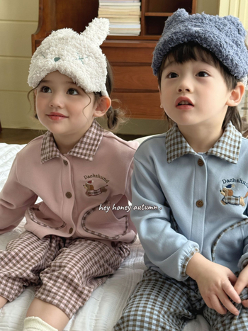 Set pijamale copii, două piese, model cărouri, stil coreean, 92% poliester fleece