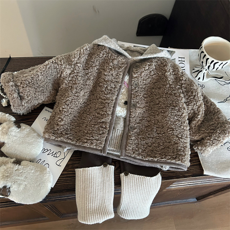 Korejskog stila dječji zimski trodijelni komplet, lamb fleece materijal, jednofarban, debeli