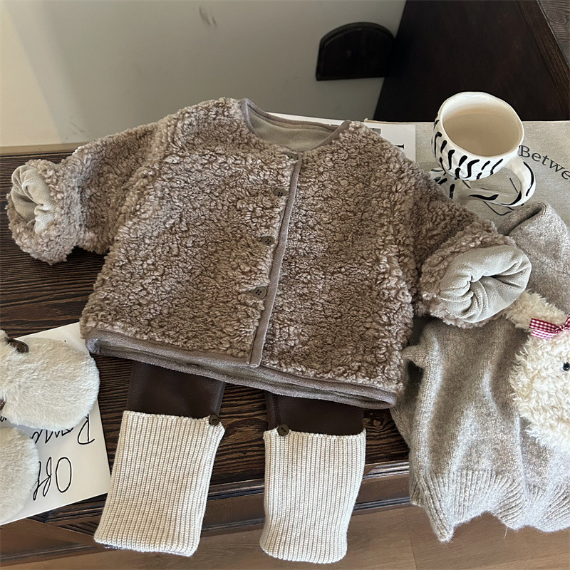Korejskog stila dječji zimski trodijelni komplet, lamb fleece materijal, jednofarban, debeli