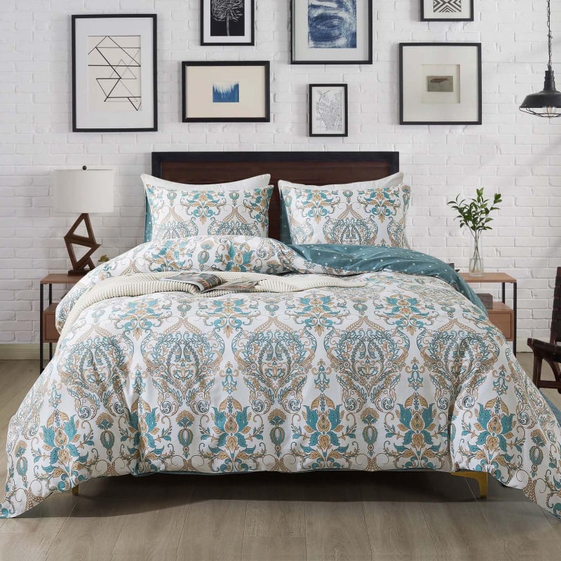 Trys dalių 100% medvilnės antklodės užvalkalų komplektas, reaktyvus spausdinimas, Twill audinys, augalinis raštas