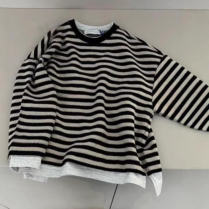 Dječji top s dugim rukavima, prugasti, korejski stil, pulover (50% pamuka; prugasti; dugi rukavi; pulover; proljeće/jesen)