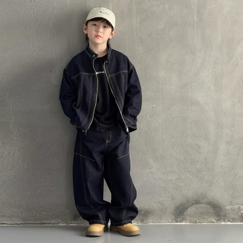 Dječji denim set za dječake - korejski stil, dvodijelni set, dugi rukav, bez kapuljače, 90% poliester
