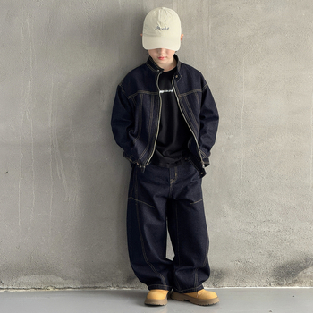 Dječji denim set za dječake - korejski stil, dvodijelni set, dugi rukav, bez kapuljače, 90% poliester