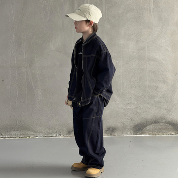 Dječji denim set za dječake - korejski stil, dvodijelni set, dugi rukav, bez kapuljače, 90% poliester