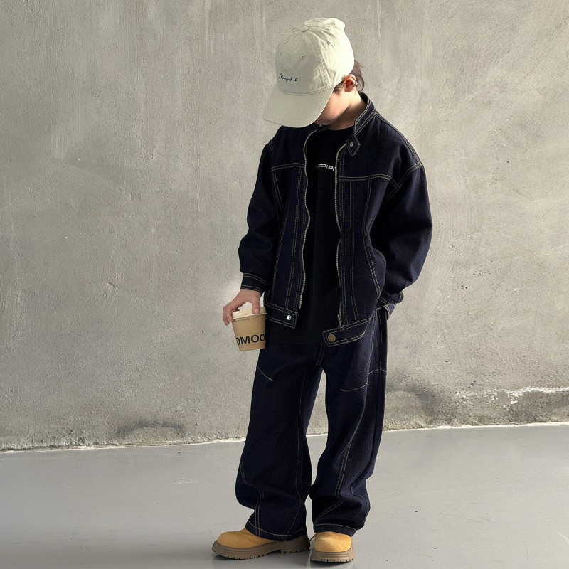 Dječji denim set za dječake - korejski stil, dvodijelni set, dugi rukav, bez kapuljače, 90% poliester