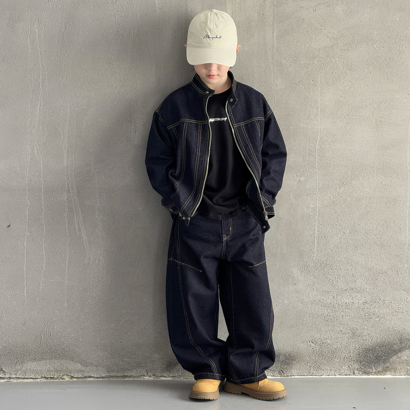Dječji denim set za dječake - korejski stil, dvodijelni set, dugi rukav, bez kapuljače, 90% poliester