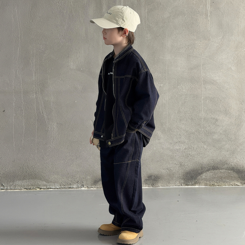 Dječji denim set za dječake - korejski stil, dvodijelni set, dugi rukav, bez kapuljače, 90% poliester