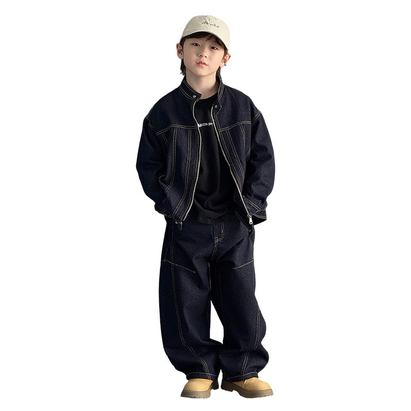 Dječji denim set za dječake - korejski stil, dvodijelni set, dugi rukav, bez kapuljače, 90% poliester
