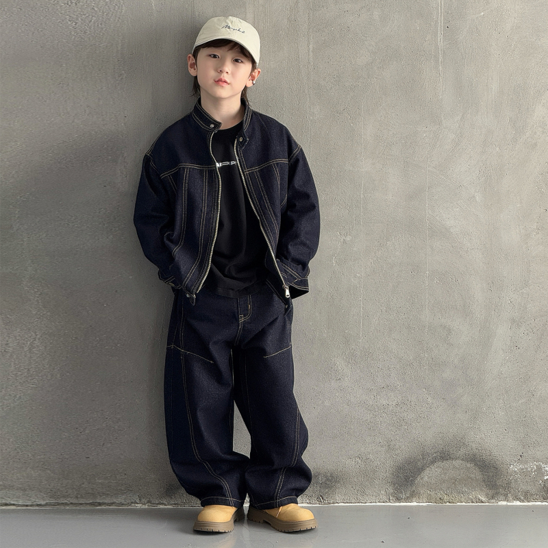 Dječji denim set za dječake - korejski stil, dvodijelni set, dugi rukav, bez kapuljače, 90% poliester
