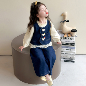 Lányoknak Denim háromrészes készlet – Koreai stílus, Cartoon mintás, hosszú ujjú, pulóver, ősz