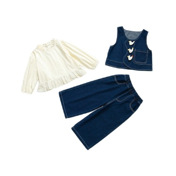 Lányoknak Denim háromrészes készlet – Koreai stílus, Cartoon mintás, hosszú ujjú, pulóver, ősz