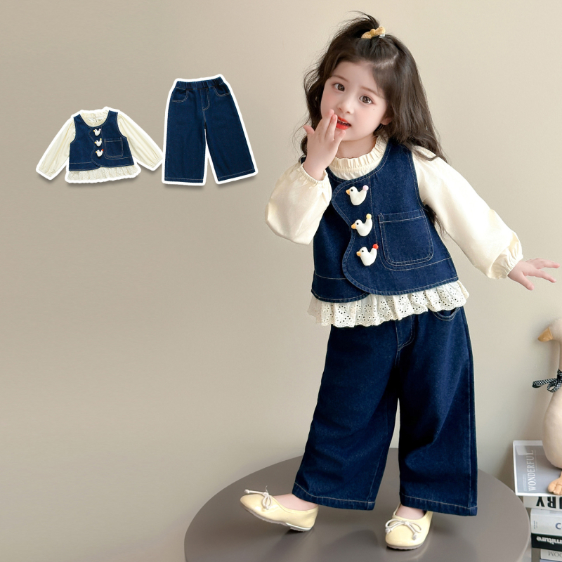 Lányoknak Denim háromrészes készlet – Koreai stílus, Cartoon mintás, hosszú ujjú, pulóver, ősz