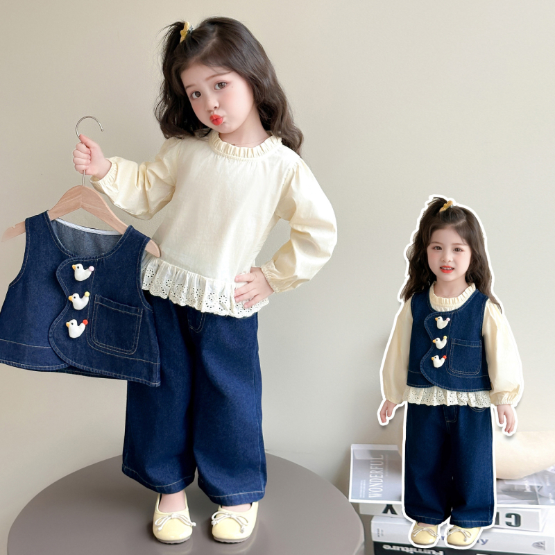 Lányoknak Denim háromrészes készlet – Koreai stílus, Cartoon mintás, hosszú ujjú, pulóver, ősz