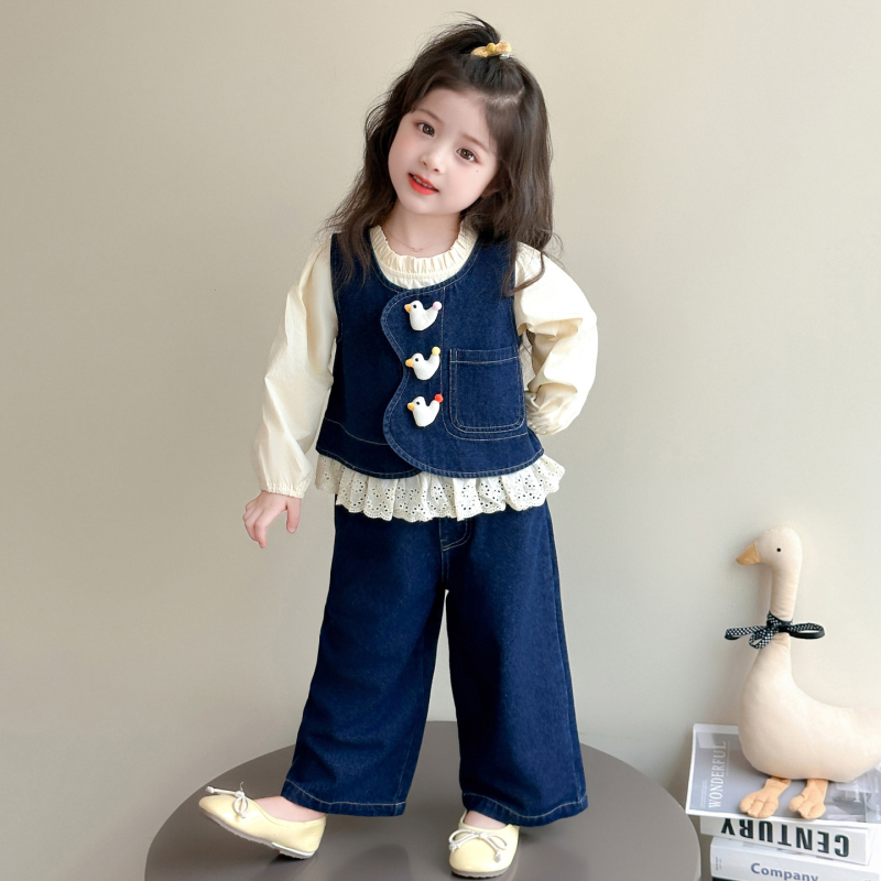 Lányoknak Denim háromrészes készlet – Koreai stílus, Cartoon mintás, hosszú ujjú, pulóver, ősz