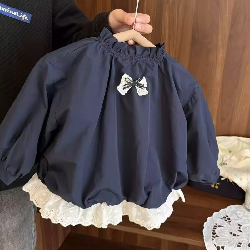 Dječja jakna za vjetar za djevojčice, stojeći ovratnik, dugi rukavi, jesen, koreanskog stila, srednje duljine, bez podstave, glavna tkanina: acetat vlakno, 100% poliester, zatvaranje preko glave.