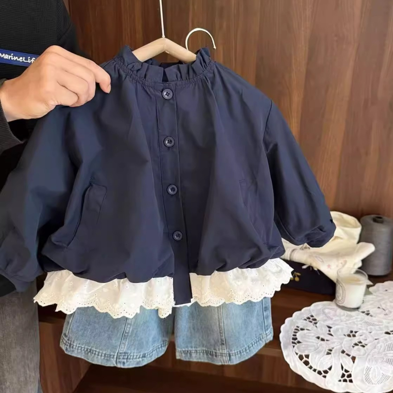 Dječja jakna za vjetar za djevojčice, stojeći ovratnik, dugi rukavi, jesen, koreanskog stila, srednje duljine, bez podstave, glavna tkanina: acetat vlakno, 100% poliester, zatvaranje preko glave.